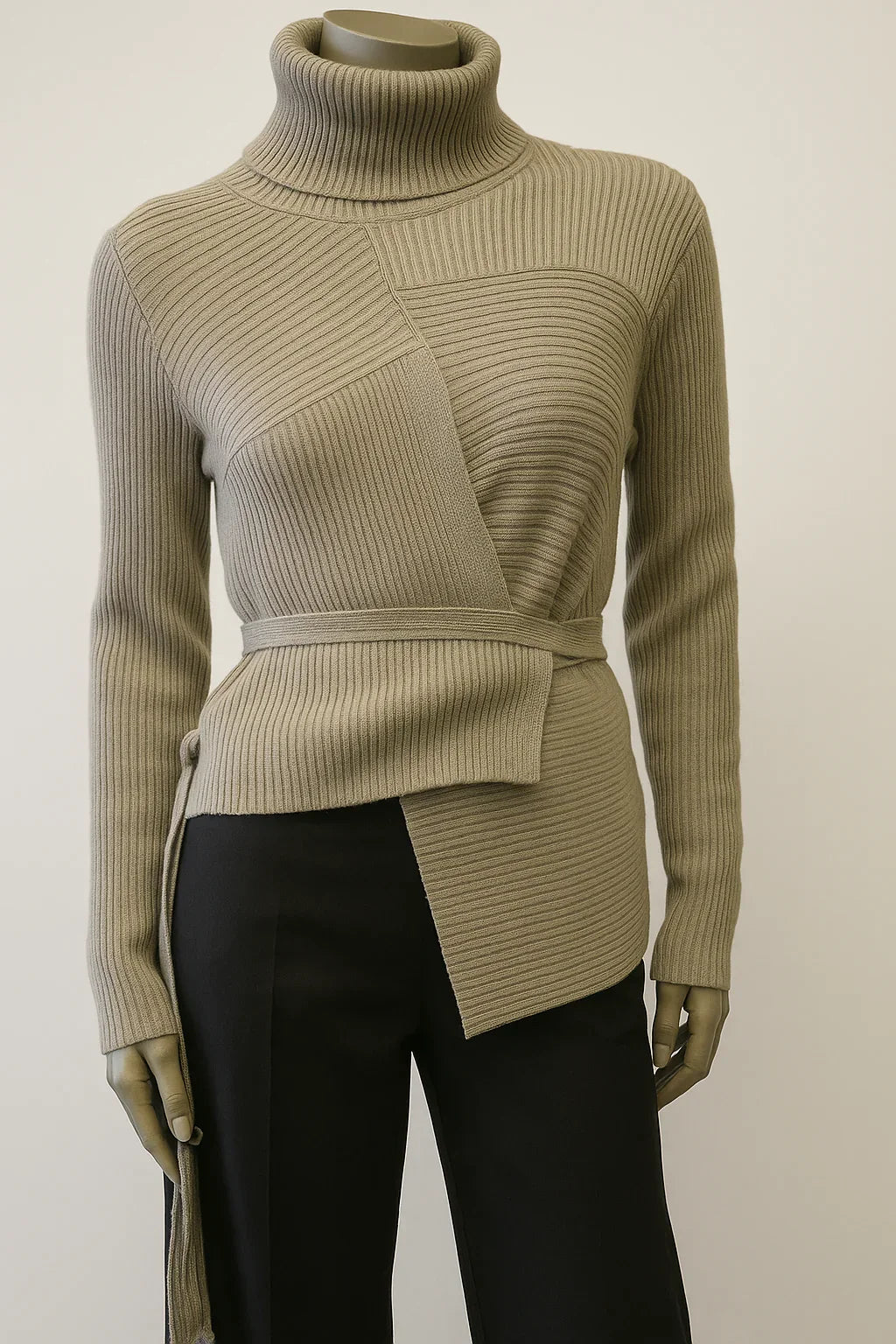 Assymetric thin Ribbed Polo neck Sweater with ties Style No. Boss 26 - Extravagance Fashion 