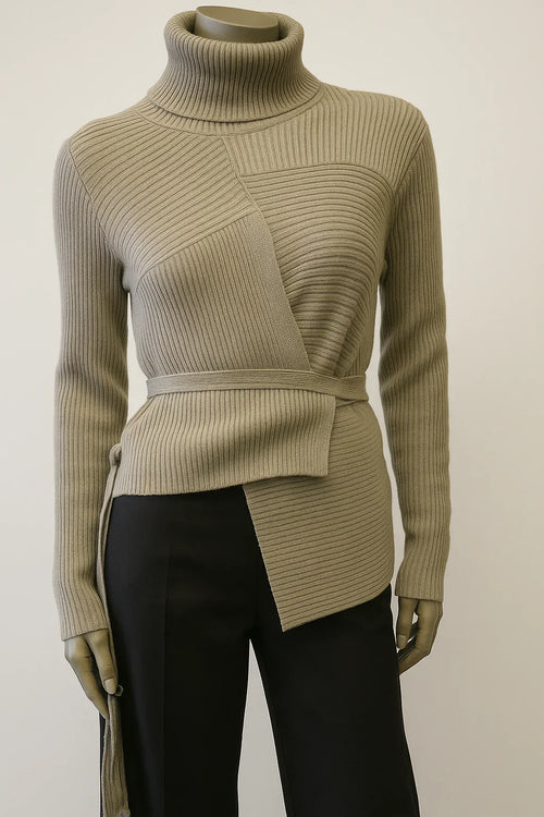 Assymetric thin Ribbed Polo neck Sweater with ties Style No. Boss 26 - Extravagance Fashion 