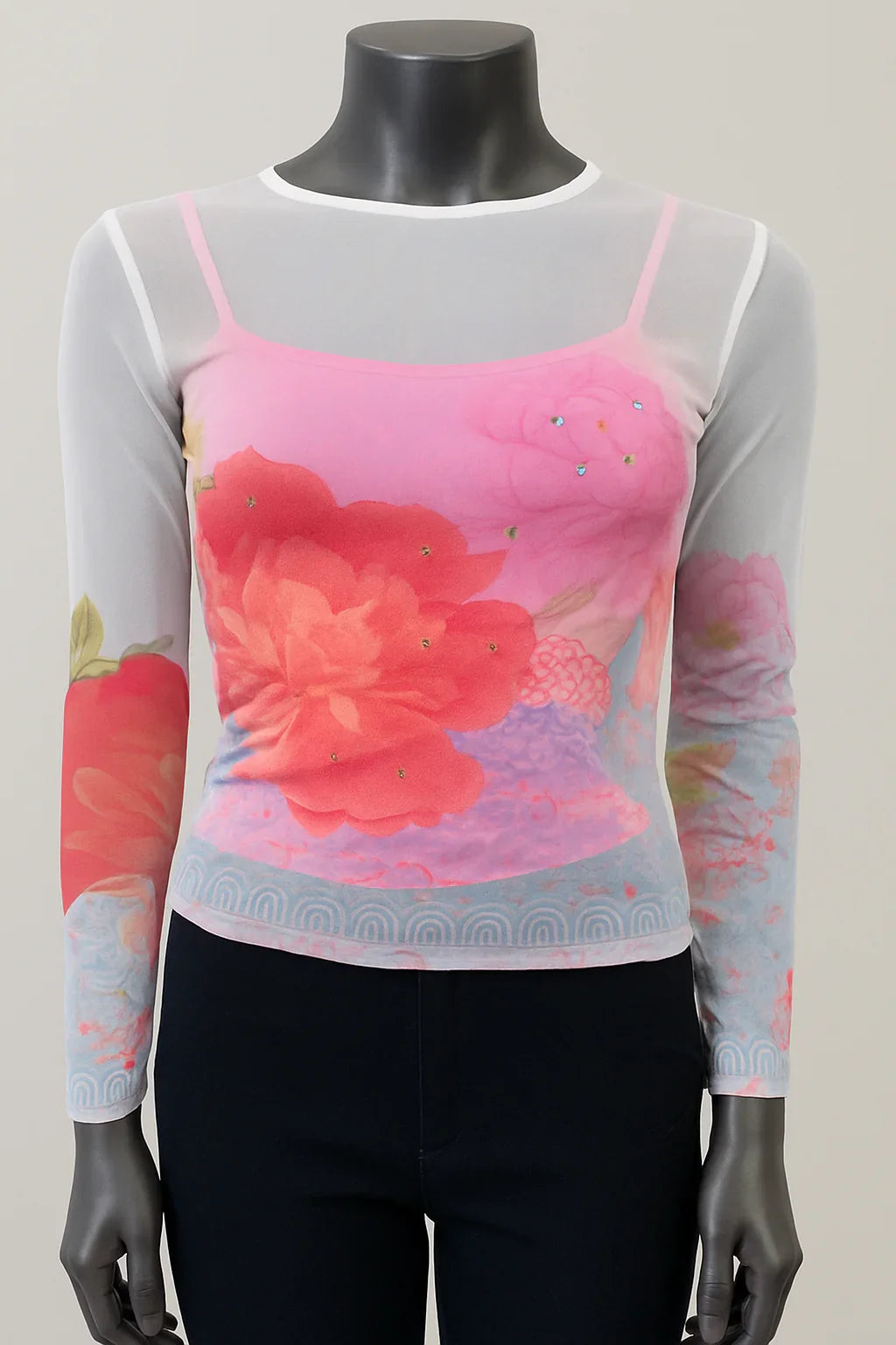Printed Mesh T Shirt with Embelishment   Big Red print - Extravagance Fashion 