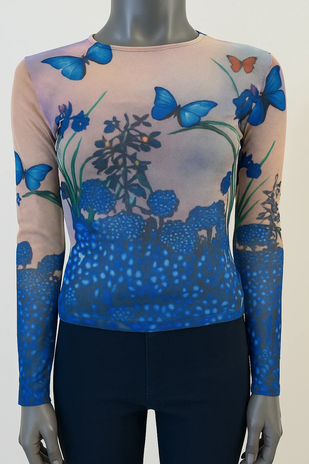 Printed Mesh T Shirt with Embelishment Butterflies print - Extravagance Fashion 