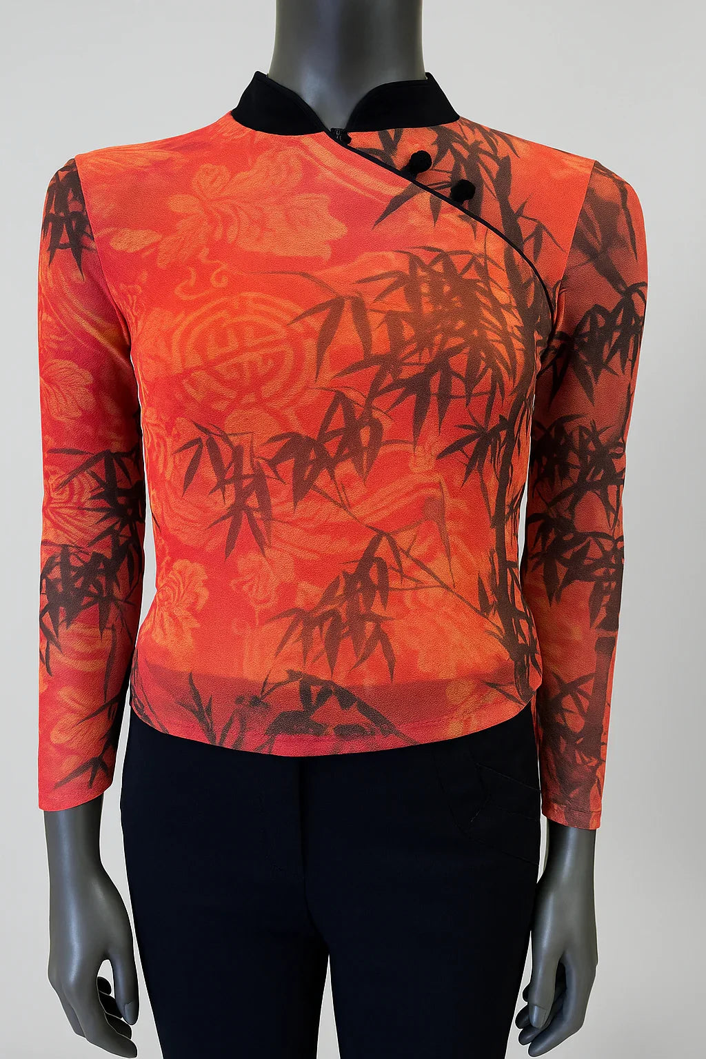 Printed Mesh T Shirt with Embelishment Chinese Collar - Extravagance Fashion 