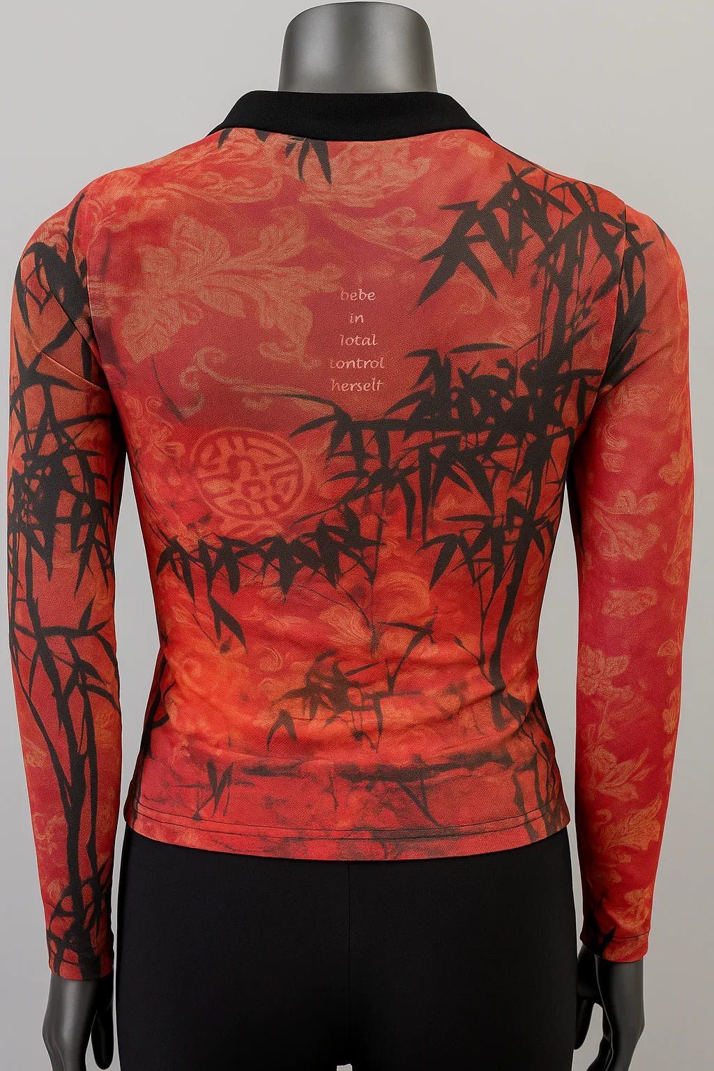 Printed Mesh T Shirt with Embelishment Chinese Collar - Extravagance Fashion 