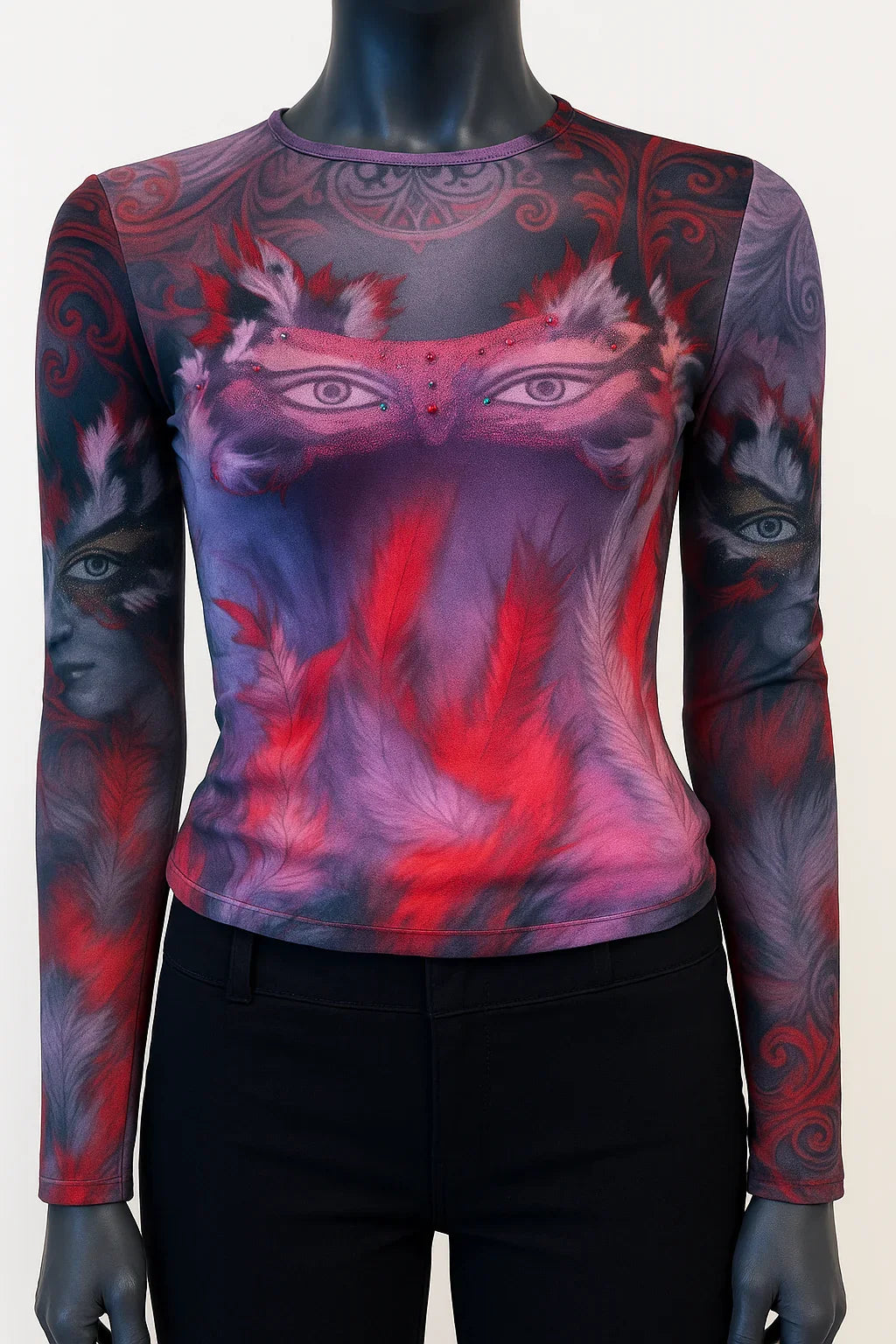 Printed Mesh T Shirt with Embelishment eye mask - Extravagance Fashion 
