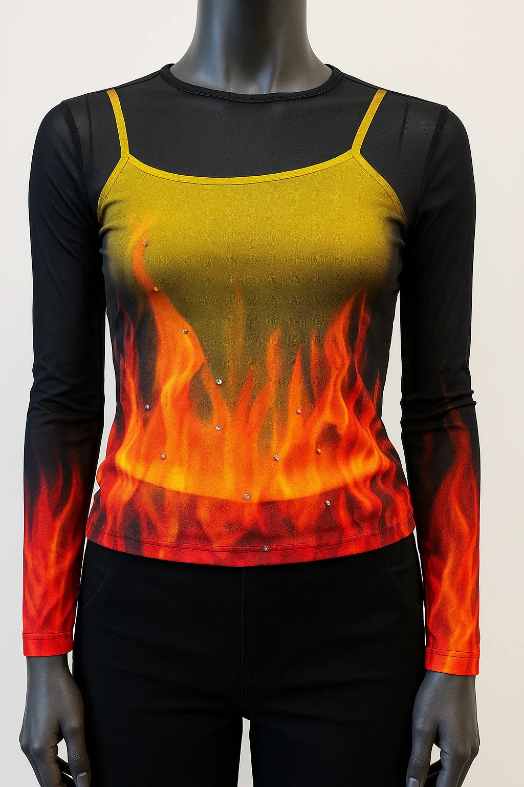 Printed Mesh T Shirt with Embelishment   Flames Print - Extravagance Fashion 