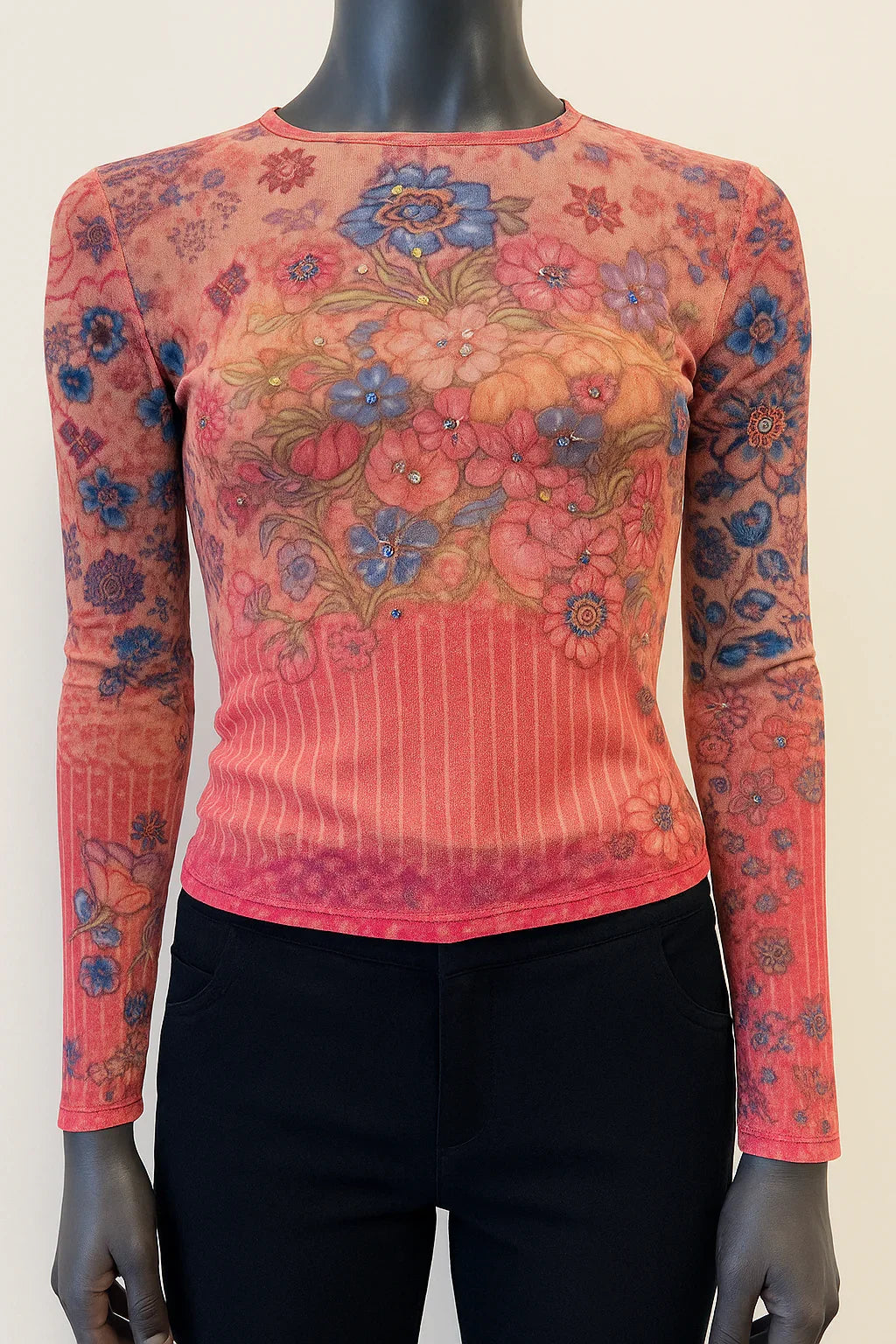 Printed Mesh T Shirt with Embelishment  Flower Patch Print - Extravagance Fashion 