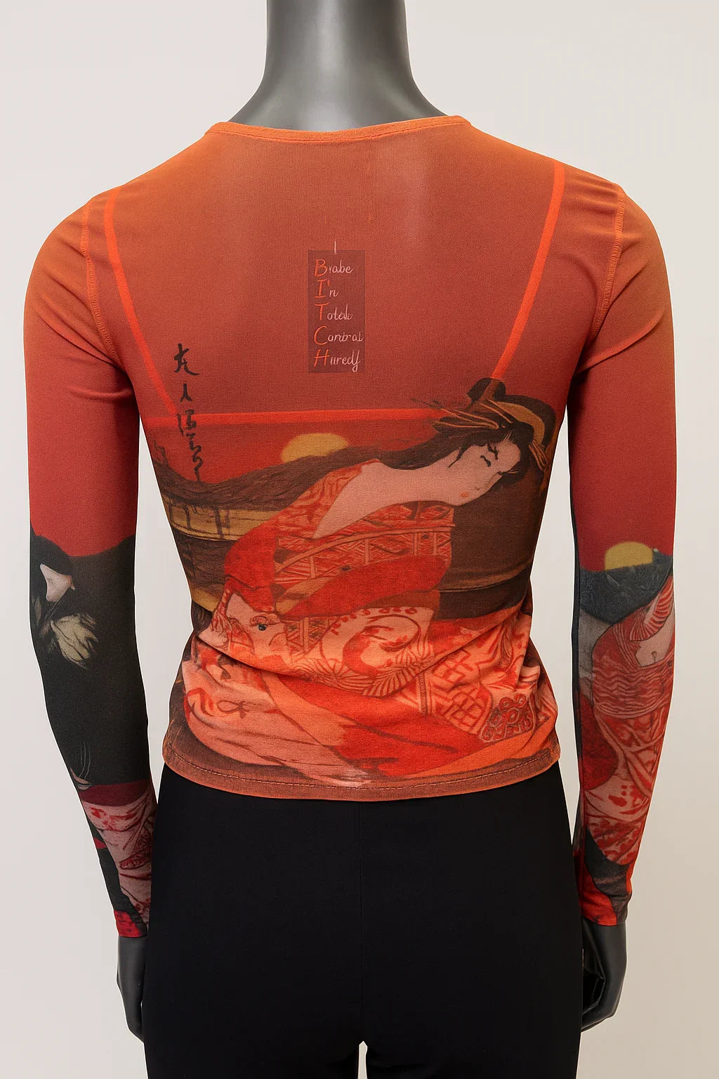 Printed Mesh T Shirt with Embelishment  Geisha print - Extravagance Fashion 