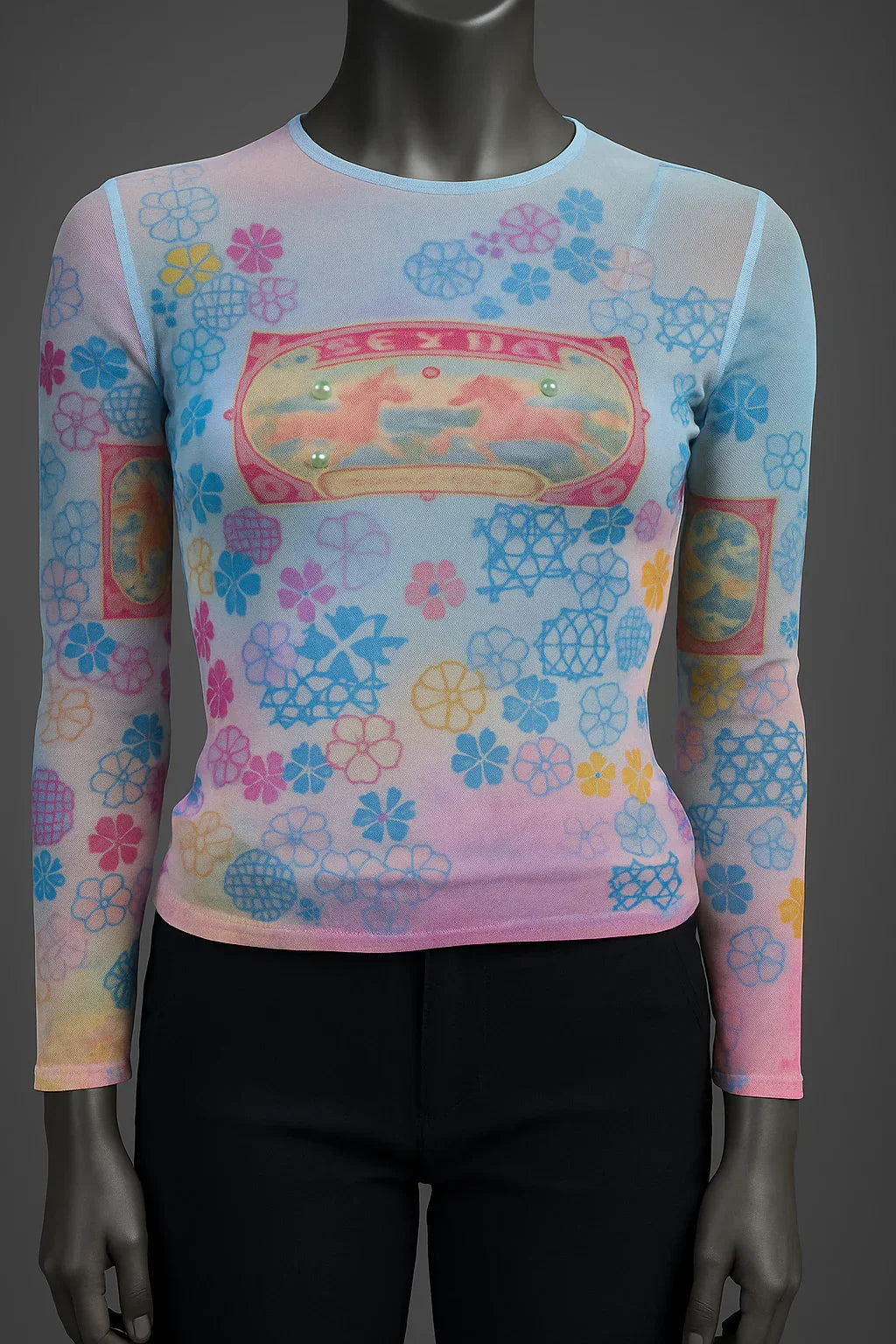 Printed Mesh T Shirt with Embelishment Hang Lee Print - Extravagance Fashion 