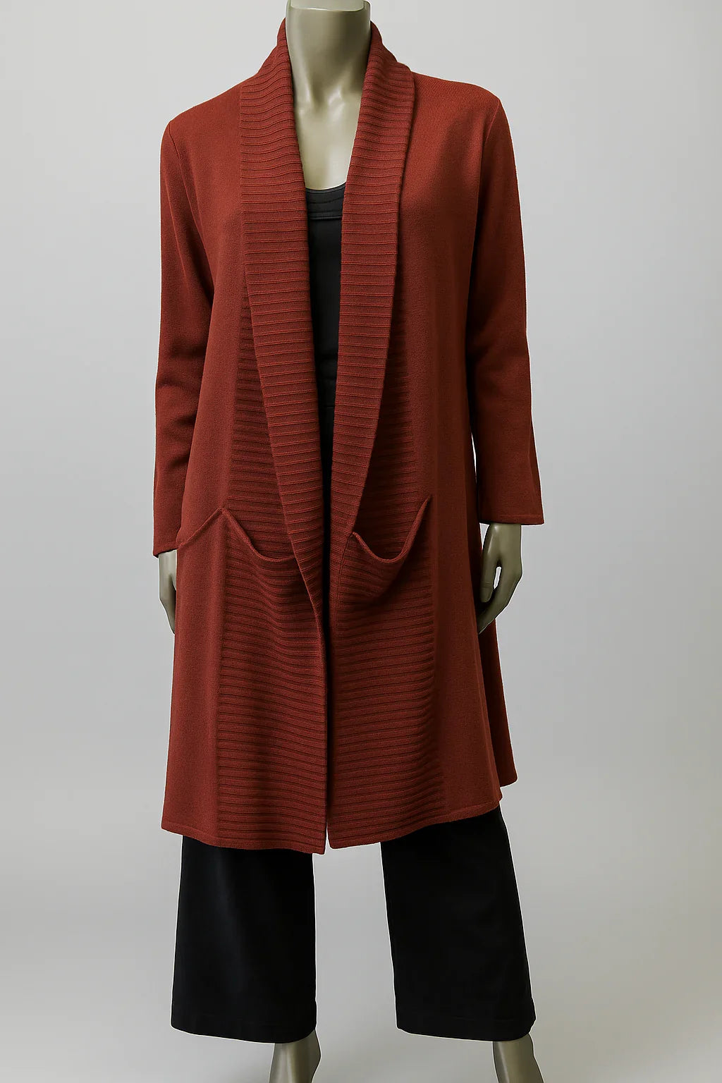 long knitted edge to edge Coat/ Cardigan with ribbing detail on lapel and pockets- style GYLIO 707 - Extravagance Fashion 