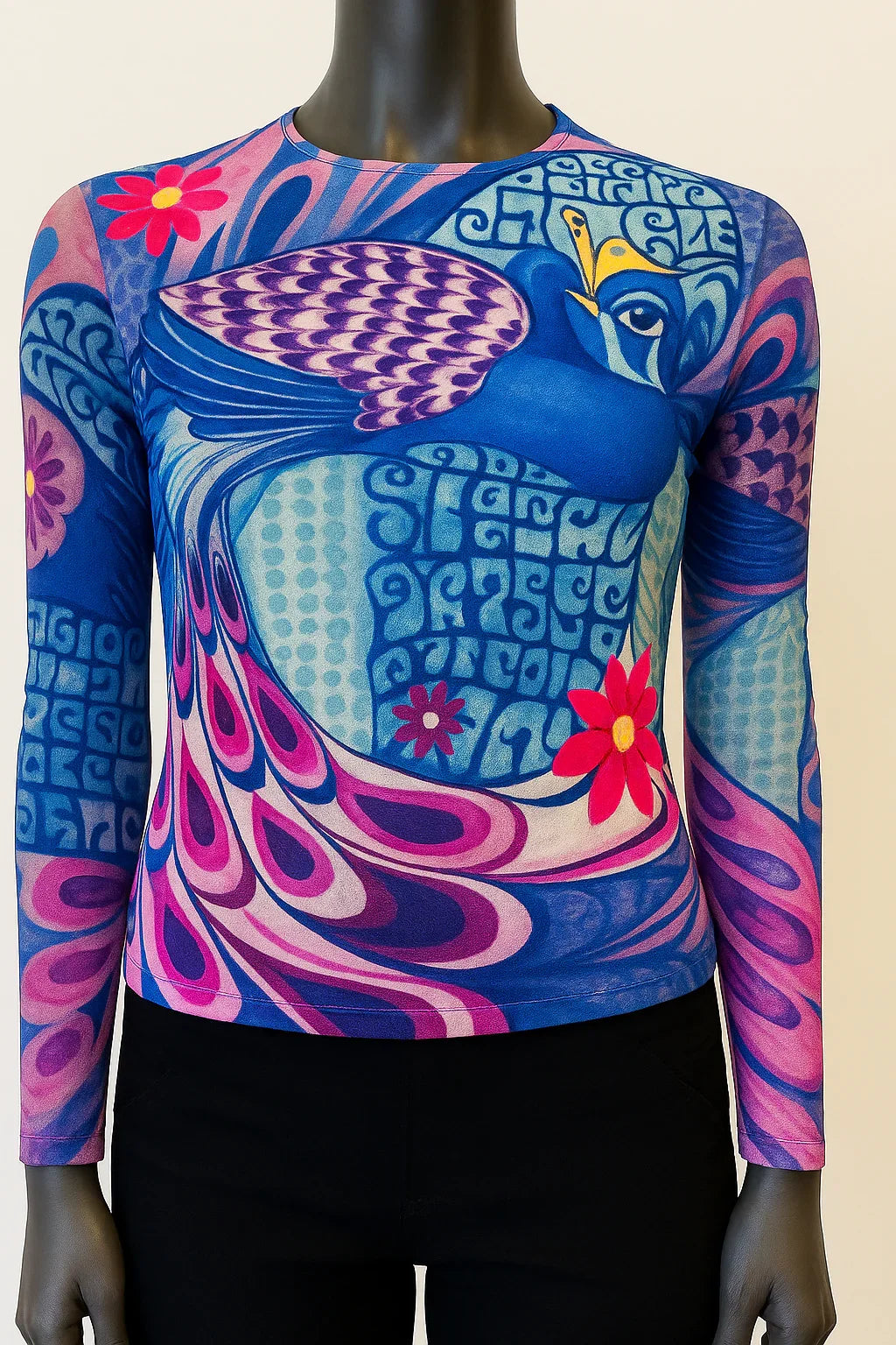 Printed T shirt with Mesh Sleeves with Embelishment Peacock Print - Extravagance Fashion 