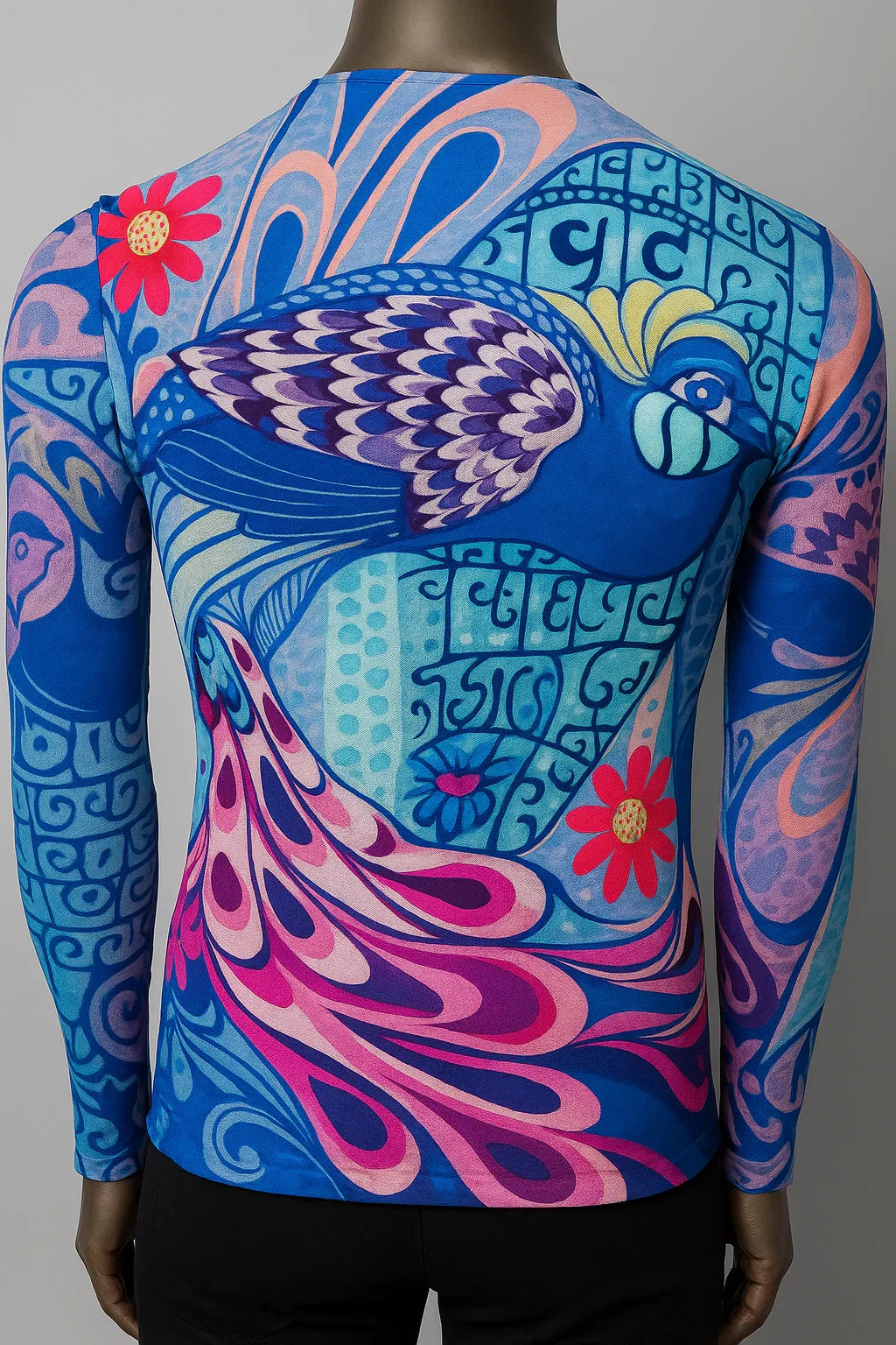 Printed T shirt with Mesh Sleeves with Embelishment Peacock Print - Extravagance Fashion 