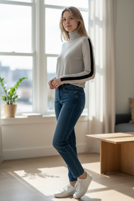 Sarah Pacini Beige Polo Neck Sweater with Black Stripe Detail