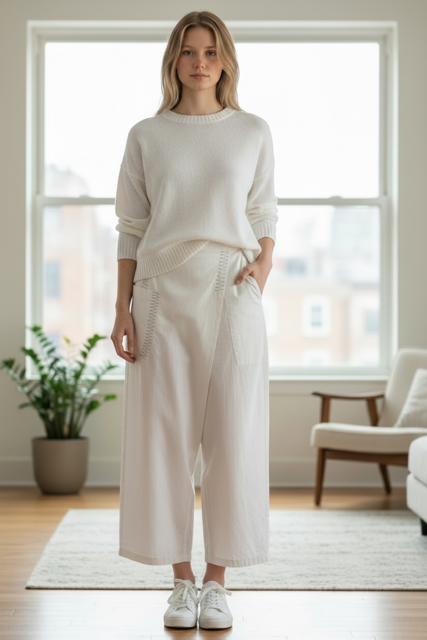 Long Mock Wrap Waxed Linen Trouser - Paolo Bellucci Style Petale 68