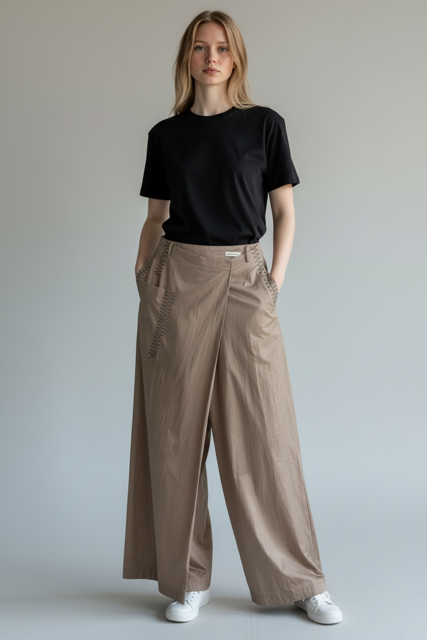 Long Mock Wrap Waxed Linen Trouser - Paolo Bellucci Style Petale 68