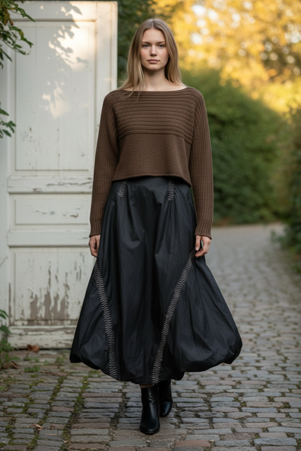 Long Tulip Ballon waxed linen skirt with Zig Zig Embroidery Paolo Bellucci Style Petale 64