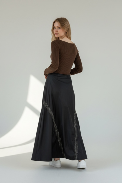 Long Tulip Ballon waxed linen skirt with Zig Zig Embroidery Paolo Bellucci Style Petale 64
