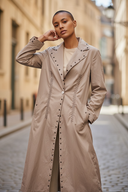 Long waxed linen Contemporary Coat with Zig Zig Embroidery -Poalo Bellucci style Petale 69