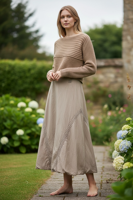 Long Tulip Ballon waxed linen skirt with Zig Zig Embroidery Paolo Bellucci Style Petale 64