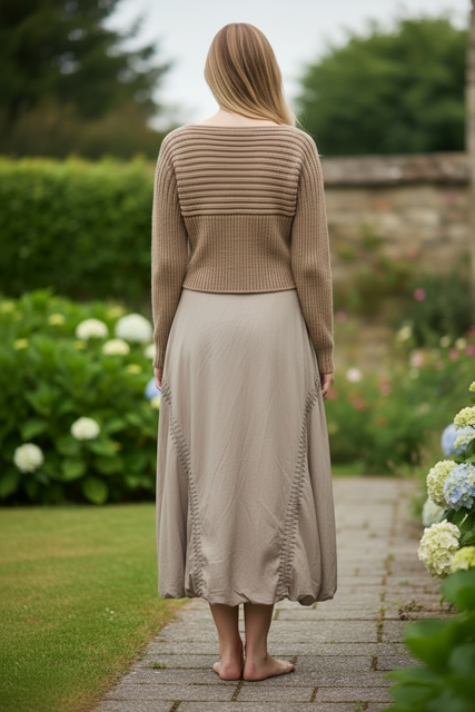 Long Tulip Ballon waxed linen skirt with Zig Zig Embroidery Paolo Bellucci Style Petale 64