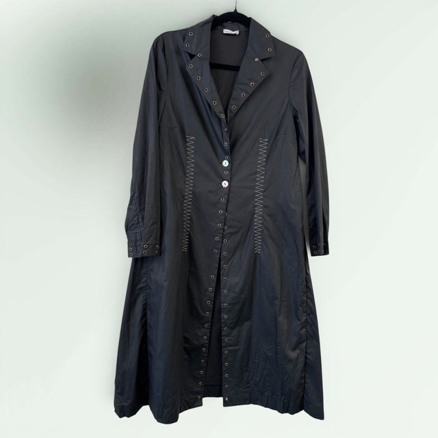 Long waxed linen Contemporary Coat with Zig Zig Embroidery -Poalo Bellucci style Petale 69