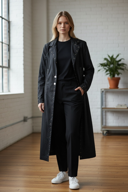 Long waxed linen Contemporary Coat with Zig Zig Embroidery -Poalo Bellucci style Petale 69