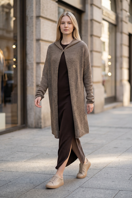 Contemporary Hooded Cardigan with Button Back-Front