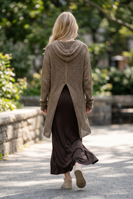 Contemporary Hooded Cardigan with Button Back-Front