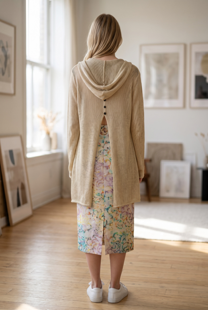 Contemporary Hooded Cardigan with Button Back-Front