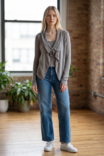 Asymmetric Linen-Cotton Cardigan with Ruched Back Detail