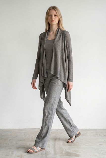 Asymmetric Linen Edge-to-Edge Cardigan with String Tie