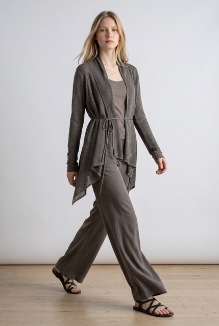 Asymmetric Linen Edge-to-Edge Cardigan with String Tie