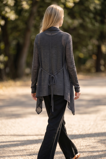 Asymmetric Linen Edge-to-Edge Cardigan with String Tie