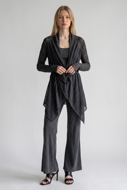 Asymmetric Linen Edge-to-Edge Cardigan with String Tie