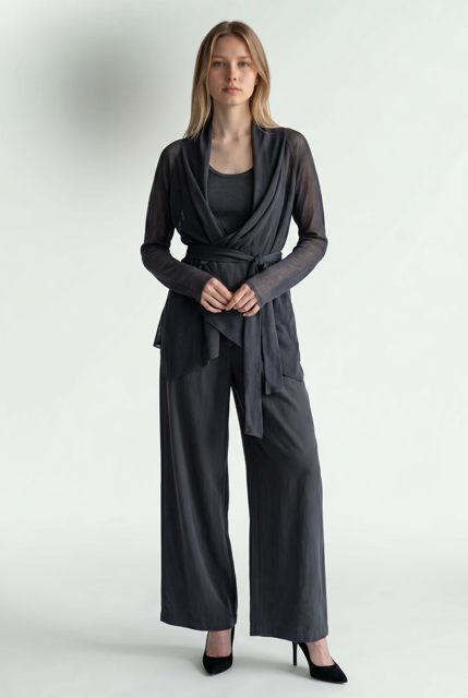 Sheer Viscose Asymmetric Cardigan with Belt
