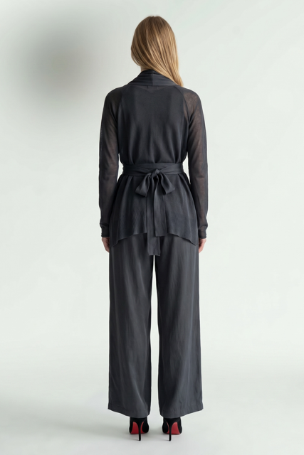 Sheer Viscose Asymmetric Cardigan with Belt