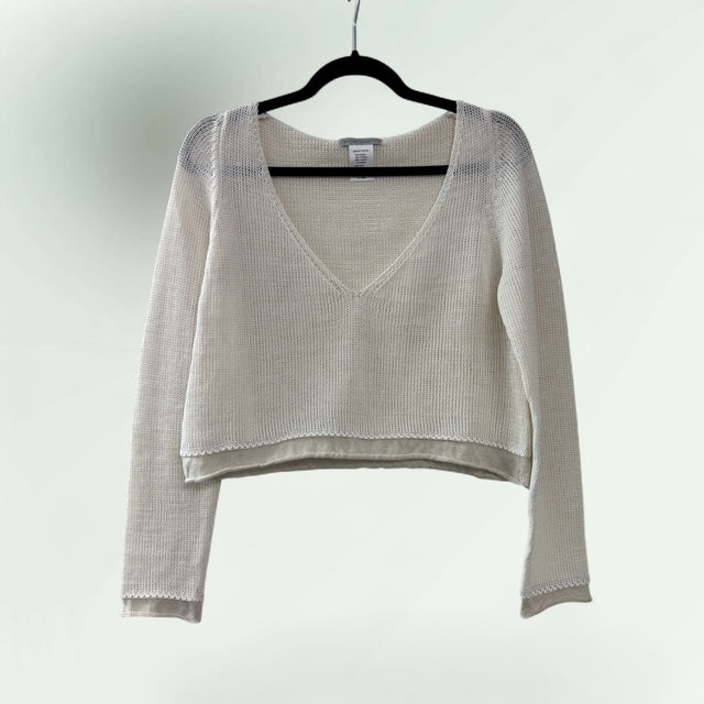 V-Neck Cropped Two-Tone Linen-Cotton Sweater