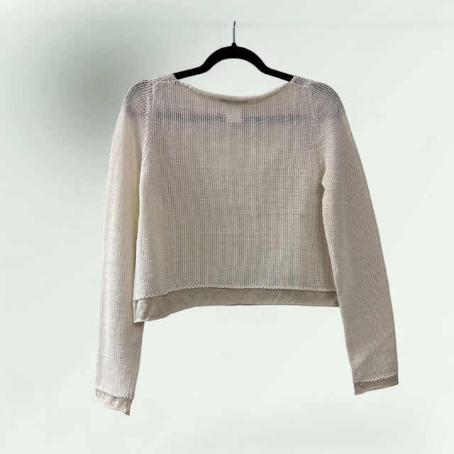 V-Neck Cropped Two-Tone Linen-Cotton Sweater