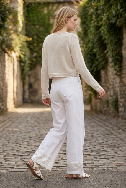V-Neck Cropped Two-Tone Linen-Cotton Sweater