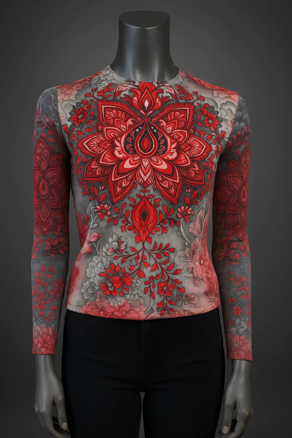 Printed T shirt with Mesh Sleeves with Embelishment Red Lily Print - Extravagance Fashion 