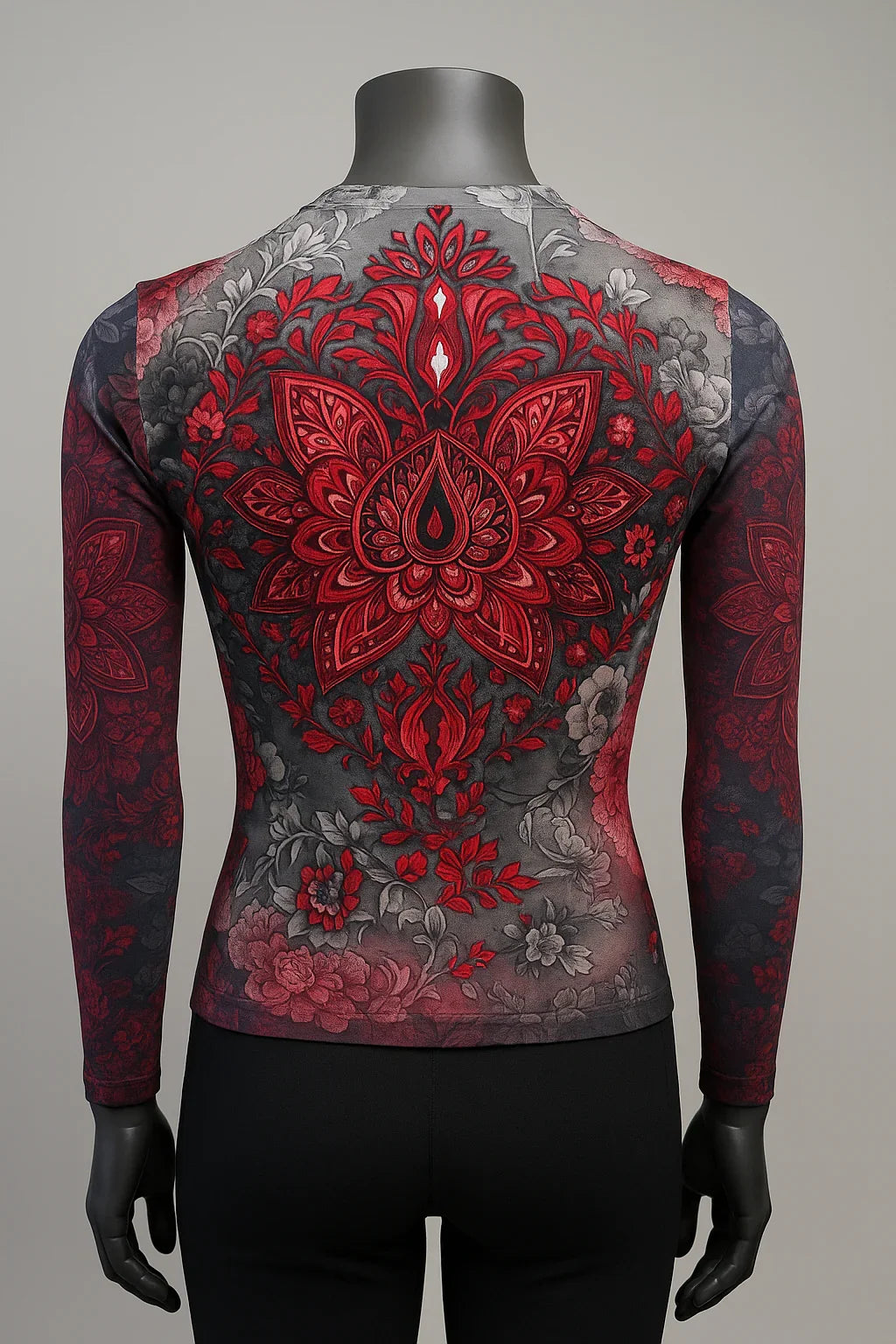 Printed T shirt with Mesh Sleeves with Embelishment Red Lily Print - Extravagance Fashion 