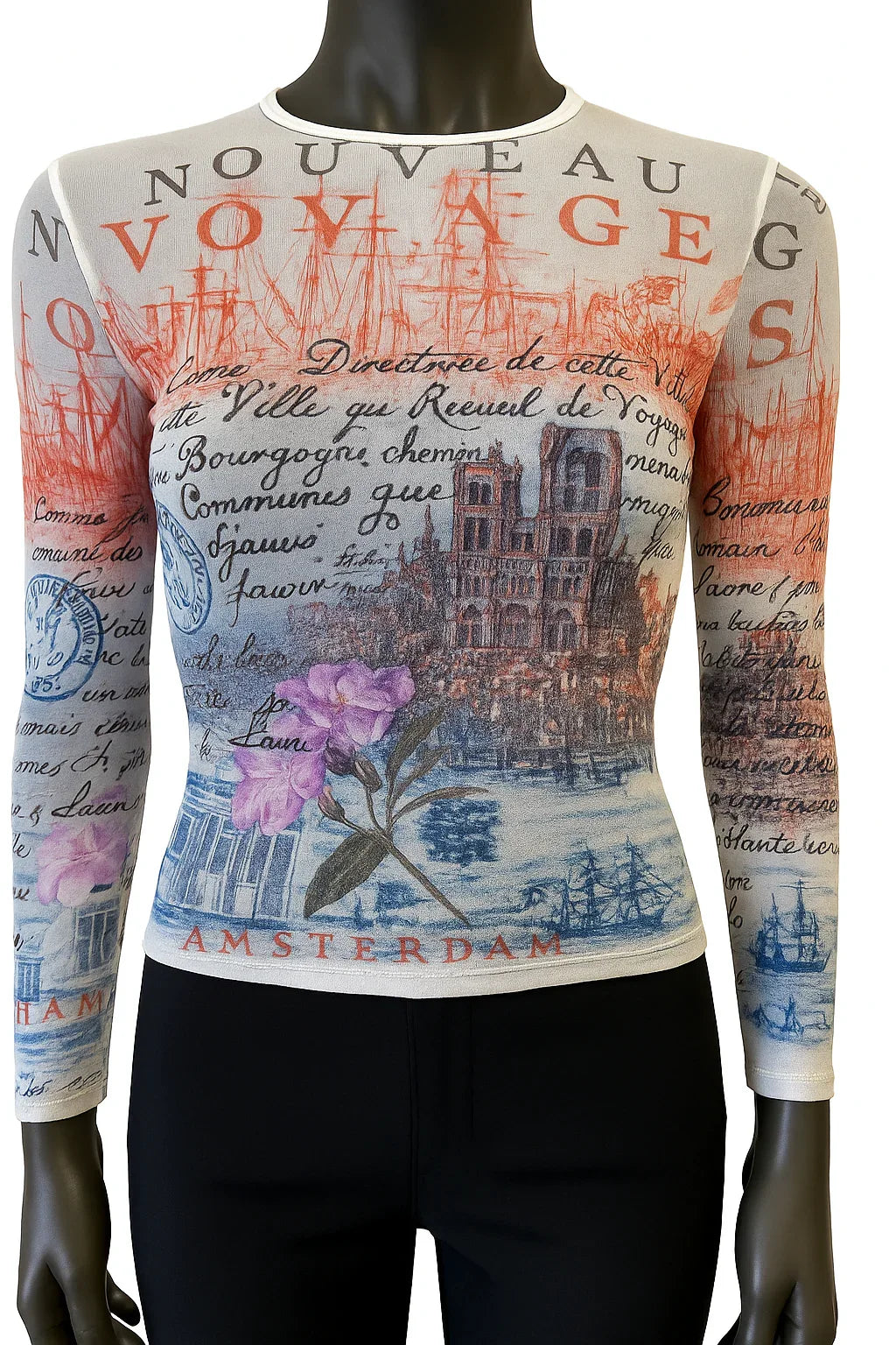 Printed Mesh T Shirt with Embelishment  Thamesis Print - Extravagance Fashion 