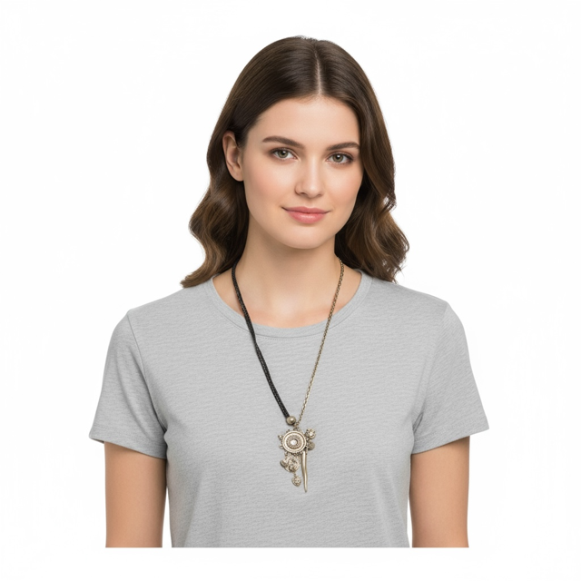 Model wearing the Rope Leather and Chain Necklace with Selected Charms