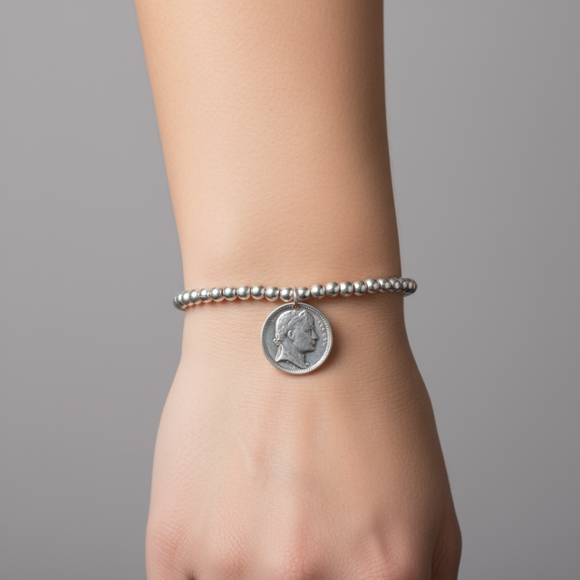 Silver Metal Beaded Pendant with Coin Charm  worn as  a Bracelet
