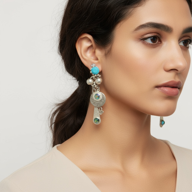 Model wearing Dangling Pierced Earrings with blue Rhinestones & Charms