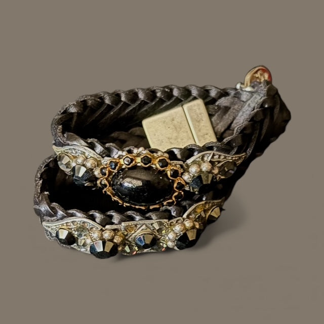Wrap around Leather Bracelet with Coloured stone and rhinestones with magnetic clasp - Extravagance Fashion 