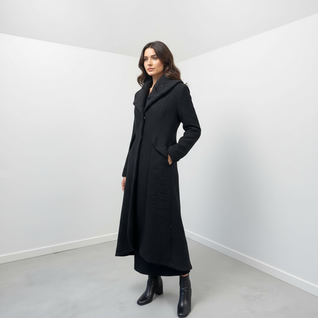 Elegant Long Black Coat - Extravagance Fashion 