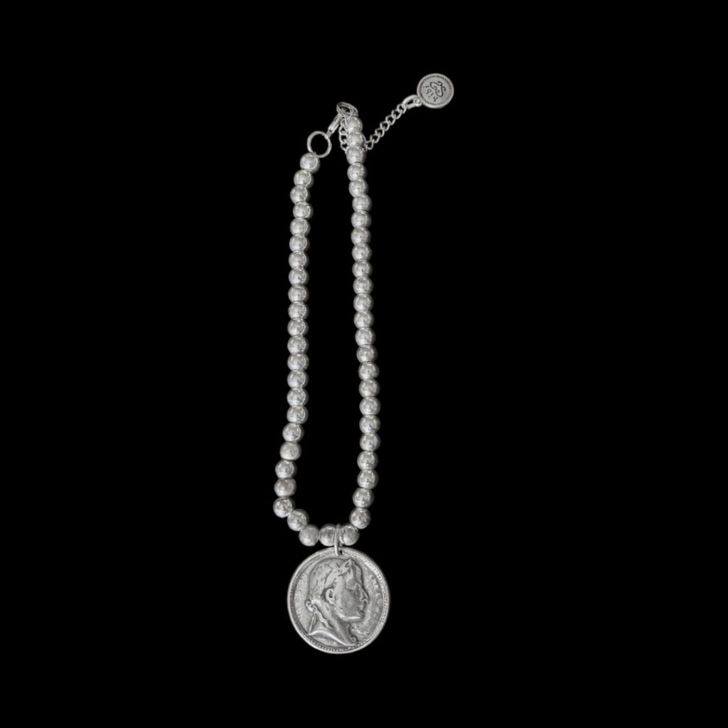 Silver Metal Beaded Pendant with Coin Charm - Convertible Bracelet