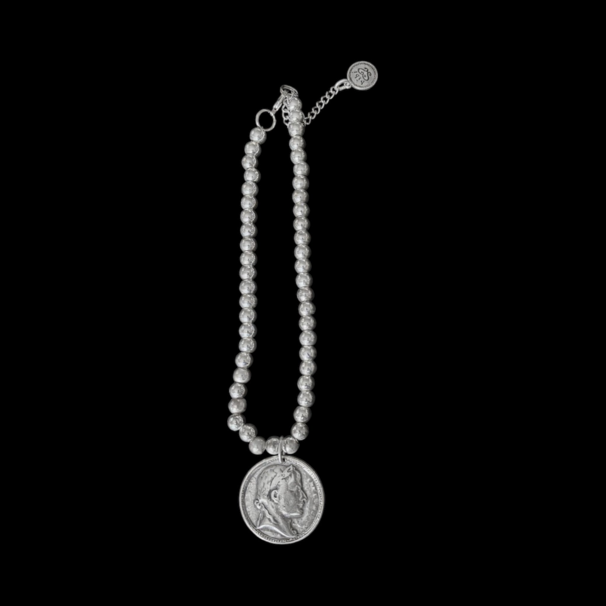 Silver Metal Beaded Pendant with Coin Charm - Convertible Bracelet