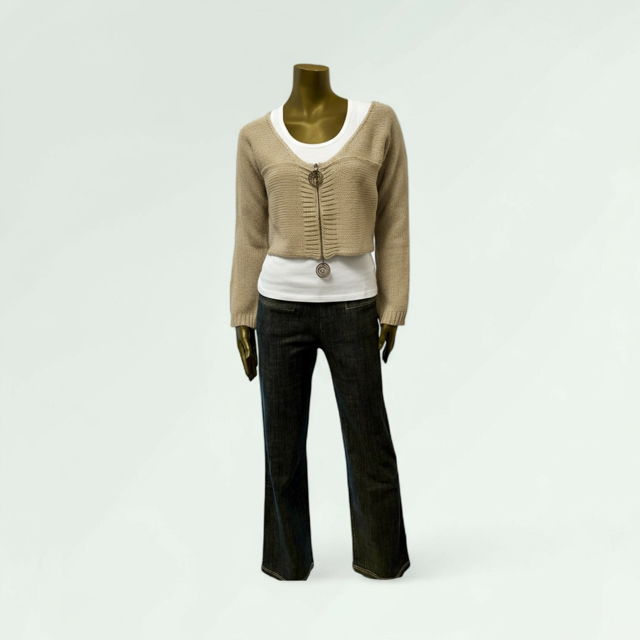 Beige Cropped Knit Cardigan with Ring Detail-Gargrish-Lunatisme - Extravagance Fashion 
