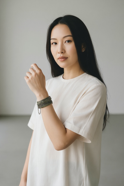 model wearing the Leather and Chain Bracelet with Gunmetal Finish - Convertible Choker
