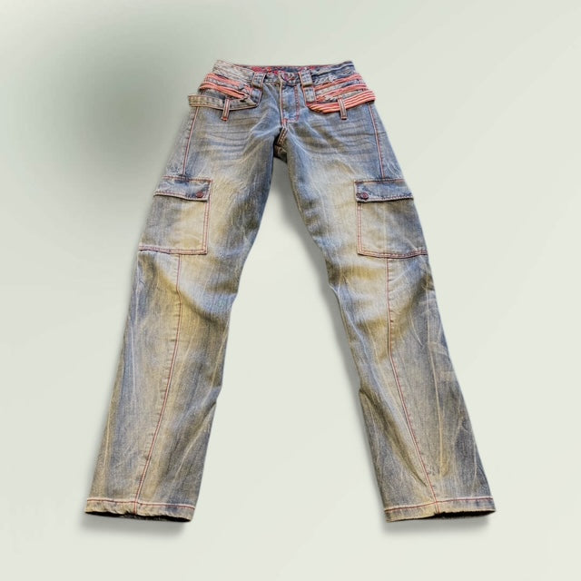 Women's Low-Rise Cargo Jeans with Contrast Stitching – Vintage Wash Style No.H069 - Extravagance Fashion 